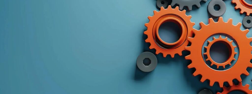 Närbild på orangea och grå kugghjul mot blå bakgrund – en symbolisk illustration av hur Marketing as a Service (MaaS) fungerar som ett integrerat och automatiserat system.