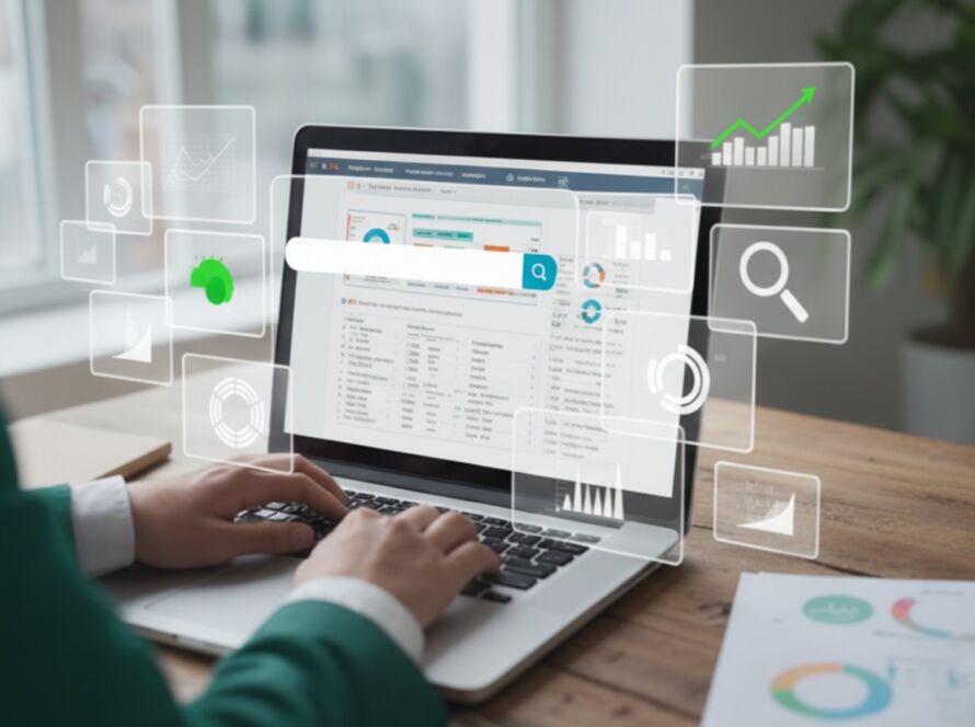 Person som arbetar vid en bärbar dator med digitala analysverktyg och sökdata på skärmen, vilket illustrerar processen och tiden det kan ta att se resultat från SEO-optimering – en central fråga inom ämnet "hur lång tid tar SEO".