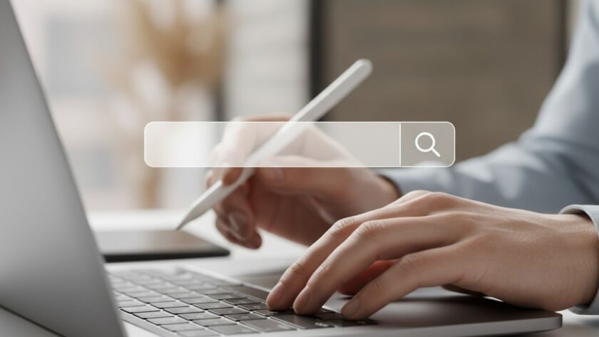 Person arbetar vid laptop med sökfält i fokus – symboliserar analys av vanliga SEO-misstag att undvika och sökbeteende