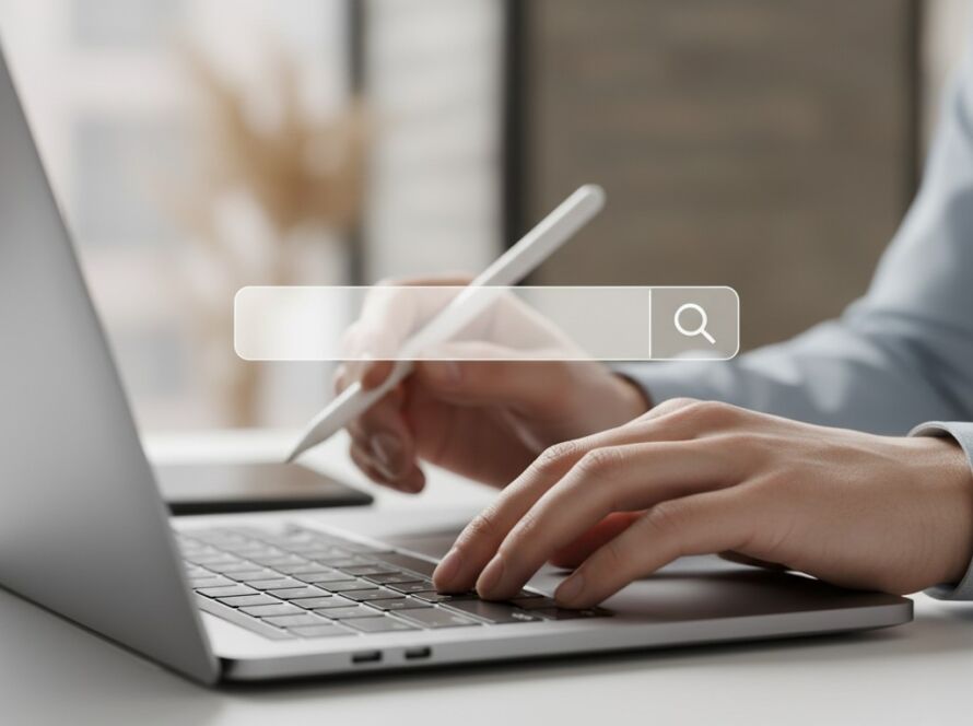 Person arbetar vid laptop med sökfält i fokus – symboliserar analys av vanliga SEO-misstag att undvika och sökbeteende